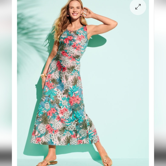 Talbots Women's Maxi Dress Floral Sleeveless Tropical Hawaiian Mint Coral Large - Picture 6 of 10